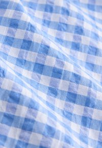 Lahka bombažna tkanina z modro-belim karo vzorcem; gladka tekstura z enakomerno razporejenimi kvadrati.