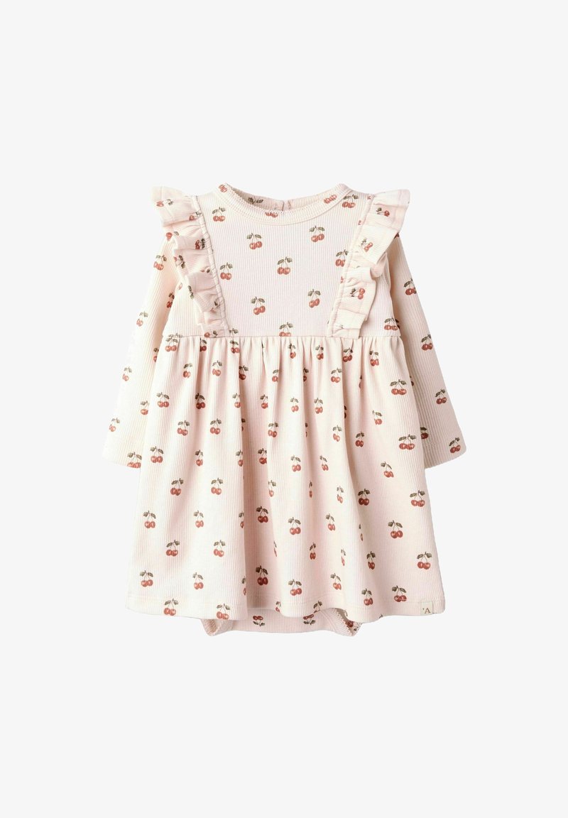 Pikad varrukad kergelt roosa ribakanga kleit kirsiprindiga, millel on volangdetailid õlgadel ja kogutud seelik.