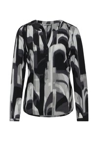 Blouse à manches longues noir et blanc avec décolleté en V et fermeture à boutons. Présente un motif abstrait à rayures dans différentes nuances de gris.