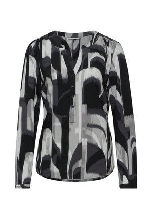 Sort og hvid langærmet skjorte med V-hals og knaplukning. Har et abstrakt stribet mønster i varierende nuancer af grå.