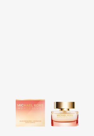 Michael Kors Wonderlust Parfüm, 30 ml, in einer klaren Glasflasche mit goldfarbenem Deckel, begleitet von einer pinkfarbenen Box mit Farbverlauf und Logo.