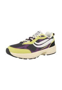 Scarpa sportiva viola, gialla e nera con materiali in rete e scamosciato, caratterizzata da un logo bianco, suola spessa e lacci a contrasto.