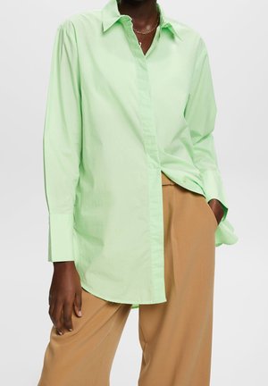 Chemise vert clair à boutons, à manches longues, avec un col classique et une texture lisse, associée à un pantalon beige.