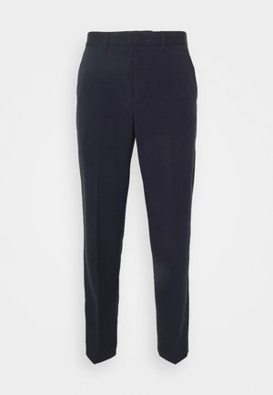 Navy blue trousers made of a smooth fabric with a straight leg design, featuring standard belt loops and a zip fly for closure.