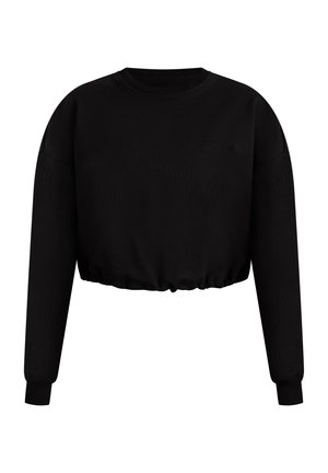 Black cropped sweatshirt made of smooth fabric with long sleeves and a gathered waistband. Features embroidered logo on the front.