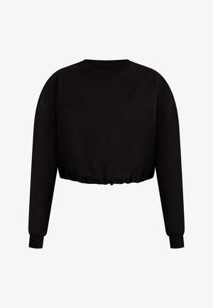 Schwarzer, kurzer Sweatshirt aus glattem Material mit langen Ärmeln und gerafftem Taillenbund. Mit gesticktem Logo auf der Vorderseite.