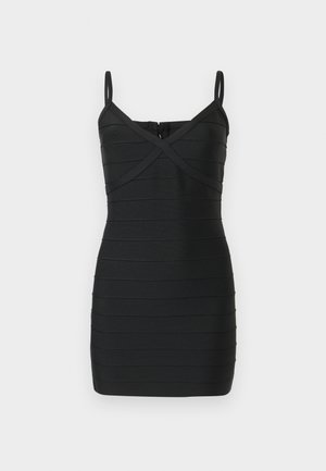 Robe noire moulante sans manches avec fines bretelles, texture à bandes horizontales style bandage, et décolleté en V avec détails croisés.