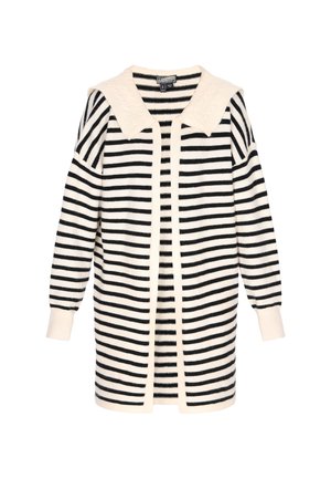Schwarz-weißer gestreifter Cardigan mit gestricktem Kragen, langen Ärmeln und gerippten Bündchen. Offenes Frontdesign mit weicher Textur.