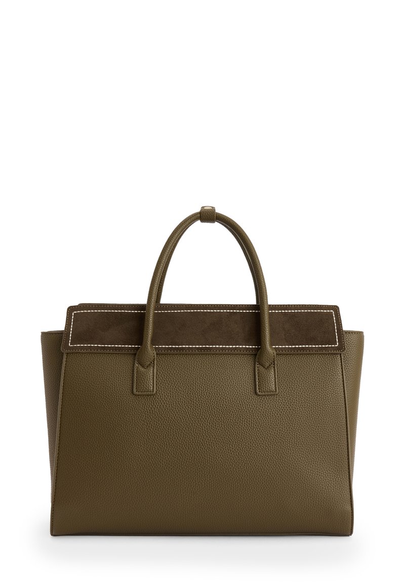 Borsa a mano in pelle verde oliva con finitura texturizzata, accentuata da morbido suede marrone sulla parte superiore, due manici strutturati e cuciture a contrasto.