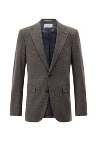 Braun gemusterter Blazer mit Reverskragen, zwei Fronttaschen und zwei Knöpfen. Innenfutter aus marineblauem Stoff mit dezentem Logo-Muster.