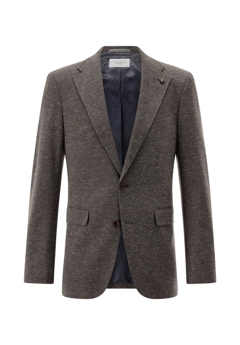 Braun gemusterter Blazer mit Reverskragen, zwei Fronttaschen und zwei Knöpfen. Innenfutter aus marineblauem Stoff mit dezentem Logo-Muster.