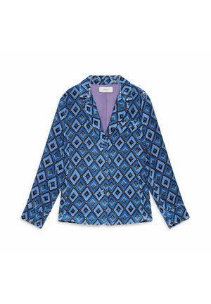 Blusa blu e nera con motivo a losanghe, maniche lunghe, colletto con incavatura e fodera interna lavanda. Presenta una tasca sul petto.