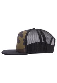 Căciulă cu model camuflaj, cu vizor negru solid și spate din plasă. Bill curbat, închidere ajustabilă cu snapback și material texturat.