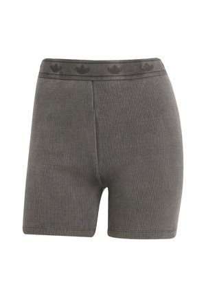 Gray ribbed shorts with a fitted design and an elastic waistband featuring a small logo pattern. The fabric texture is soft and breathable.