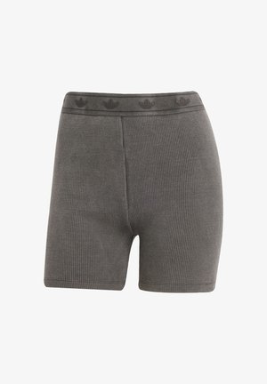 Grau gerippte Shorts mit einem enganliegenden Design und einem elastischen Bund, der ein kleines Logo-Muster aufweist. Die Stoffstruktur ist weich und atmungsaktiv.