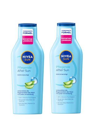 Two blue NIVEA Sun Pflegende After Sun lotion bottles with aloe vera and hydration claims on a white background.