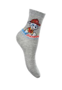 Calcetín gris hasta el tobillo con un diseño colorido de un perro en un sombrero de bombero, con el texto 'Paw Patrol' debajo del gráfico.