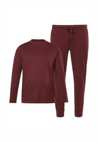 Marl burgundy loungewear sæt bestående af en langærmet shirt med lomme og bukser med elastisk talje, begge lavet af blødt stof.