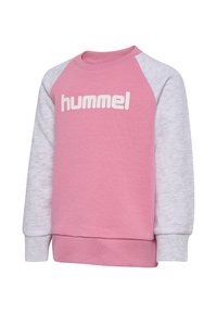 Roze sweatshirt met lichtgrijze raglanmouwen. Voorzien van een wit "hummel" logo op de voorkant en geribde manchetten en onderkant. Zachte stofstructuur.