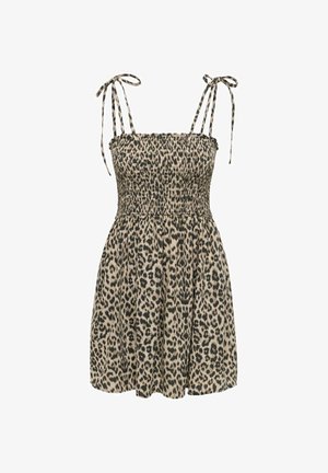 Robe sans manches à imprimé léopard avec corsage smocké et bretelles à nouer, longueur genou et cintrée à la taille.