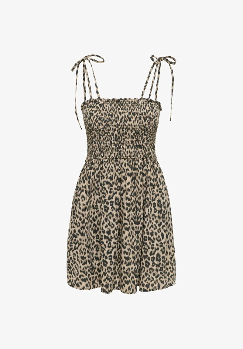 Robe sans manches à imprimé léopard avec corsage smocké et bretelles à nouer, longueur genou et cintrée à la taille.