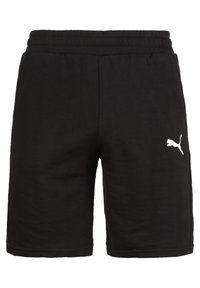 Schwarze Shorts mit elastischem Bund aus weichem Baumwollstoff, mit einem weißen Puma-Logo am unteren linken Bein. Einfaches Design ohne Muster.