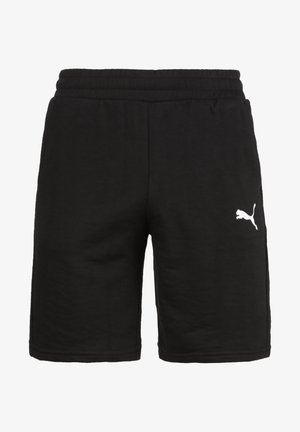 Schwarze Shorts mit elastischem Bund aus weichem Baumwollstoff, mit einem weißen Puma-Logo am unteren linken Bein. Einfaches Design ohne Muster.