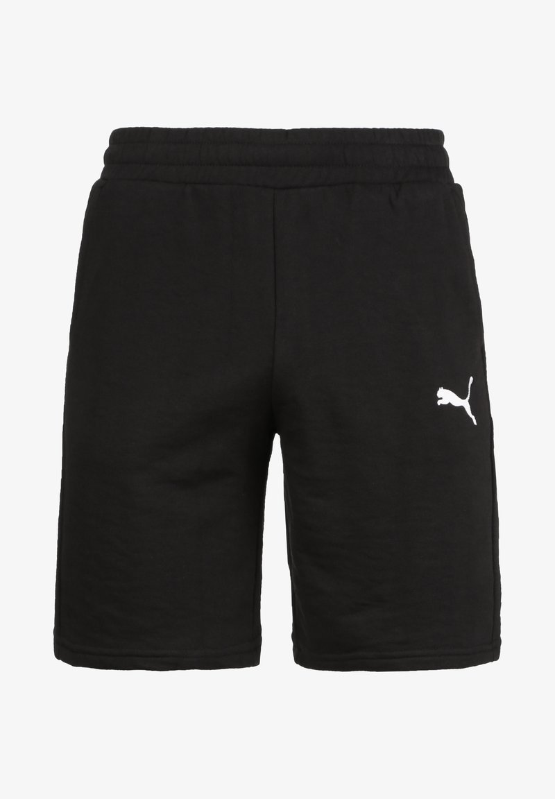 Schwarze Shorts mit elastischem Bund aus weichem Baumwollstoff, mit einem weißen Puma-Logo am unteren linken Bein. Einfaches Design ohne Muster.