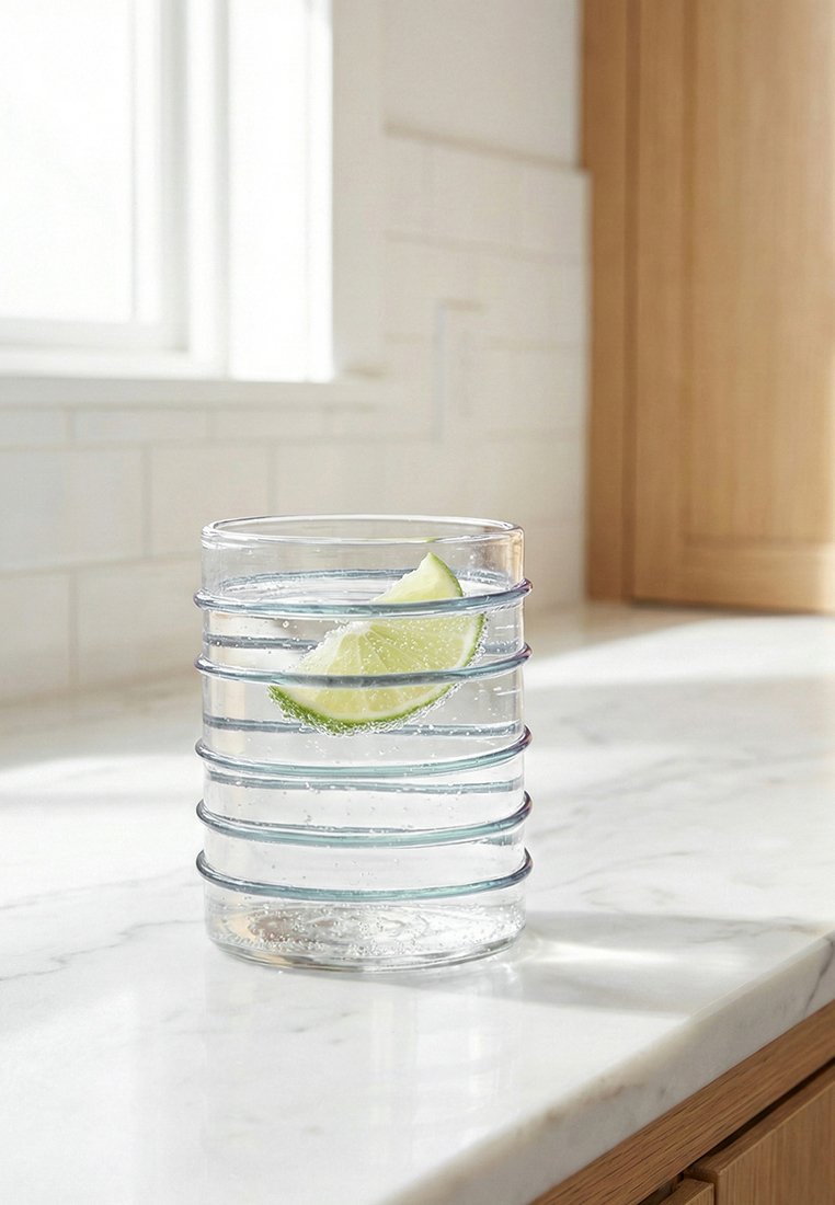 Przezroczysta szklanka z poziomymi żłobieniami, wypełniona wodą gazowaną z kawałkiem limonki, umieszczona na białym marmurowym blacie przy oknie.