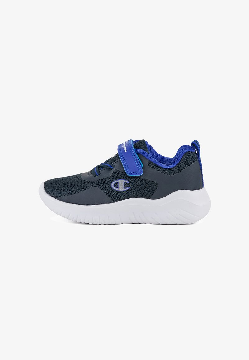 Dark blue mesh athletic sneaker with a white sole, featuring a hook-and-loop strap and laces, and logo detail on the side.