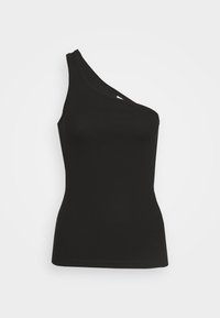 Top a spalla unica nero realizzato in tessuto a costine, con una forma aderente e una superficie liscia. Nessuna etichetta o logo visibile.