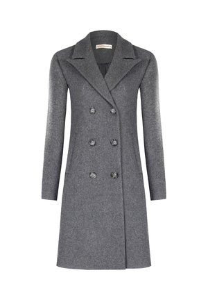 Grijze wollen trenchcoat, dubbelzijdig ontwerp, met geknipt kraag en zes knopen. Lange mouwen en rechte snit met zijzakken.