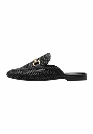 Sandales slides tissées noires avec un design texturé, un accent doré et une semelle plate élégante. Conçues avec des matériaux légers.