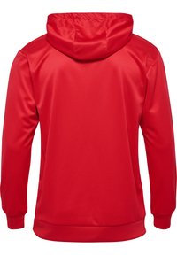 Czerwona bluza z kapturem, z długimi rękawami, gładka w dotyku, z prążkowanym wykończeniem. Widok z tyłu pokazuje prosty design bez widocznych logo lub wzorów.