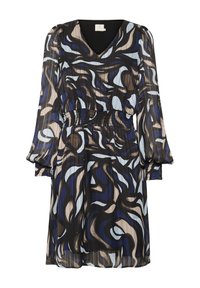 Schwarzes Kleid mit einem fließenden, abstrakten Muster in Blau, Beige und Creme. Es hat lange Ärmel, einen V-Ausschnitt und eine geraffte Taille für die Form.