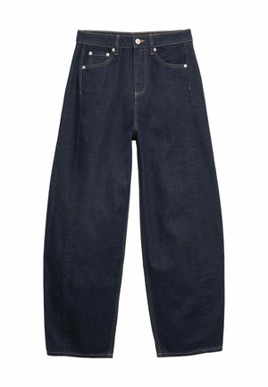 Jeans in denim blu scuro a gamba larga con bottoni frontali, cerniera, passanti per cintura e cinque tasche.