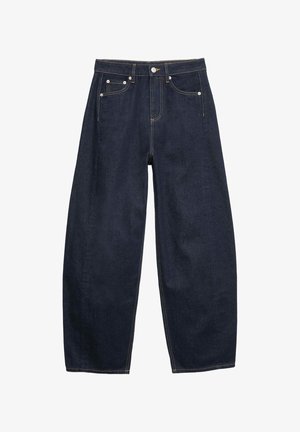 Jeans in denim blu scuro a gamba larga con bottoni frontali, cerniera, passanti per cintura e cinque tasche.