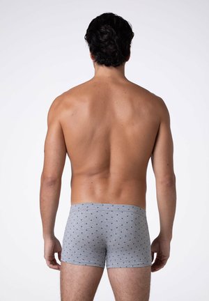 Boxer shorts grigi con piccoli pois verdi, realizzati in tessuto morbido, con una cintura comoda e una vestibilità aderente.