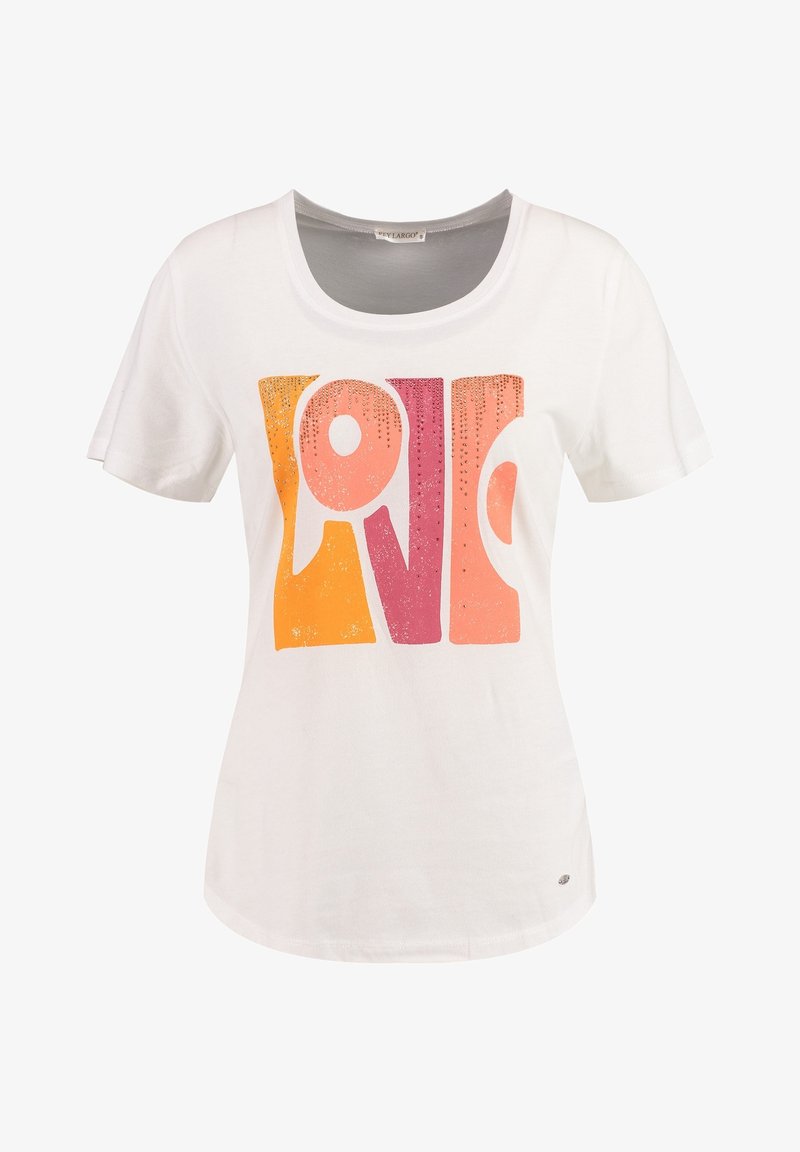 Camiseta blanca de algodón con un colorido gráfico de "AMOR" en tonos naranja, rosa y rojo; manga corta y escote redondo.