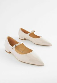 Chaussures Mary Jane en cuir verni beige avec un bout pointu, un petit talon carré et une sangle réglable avec une boucle en métal. Texture lisse.