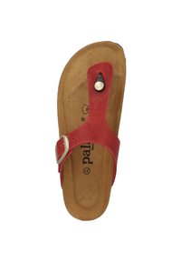 Sandal in pelle rossa con design a infradito, fibbia in metallo e soletta imbottita marrone con logo impresso. Suola piatta.