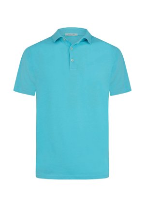 Polo turchese a maniche corte con colletto e pattina con due bottoni, design semplice, mostrata su sfondo bianco.