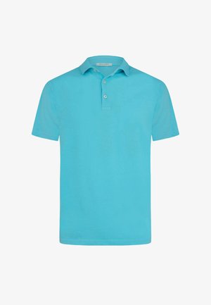 Camiseta tipo polo de manga corta color turquesa con cuello y tapeta con dos botones, diseño liso, mostrada sobre un fondo blanco.