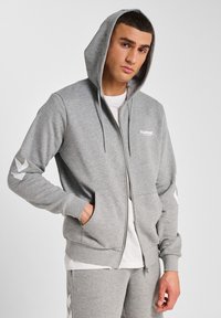 Grijze rits-hoodie van een katoenmix. Beschikt over een capuchon, voorzakken en een wit logo. Aangevuld met gemusterde details op de mouwen.