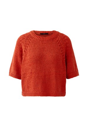 Kurzärmeliger Strickpullover in gebranntem Orange mit rundem Ausschnitt und strukturierten Zopfmuster-Details an den Schultern.