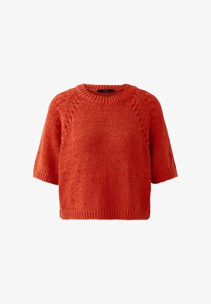 Kurzärmeliger Strickpullover in gebranntem Orange mit rundem Ausschnitt und strukturierten Zopfmuster-Details an den Schultern.