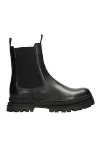 Bottines Chelsea noires en cuir avec panneaux élastiques et languettes, dotées d'une semelle en caoutchouc épaisse et d'un motif texturé pour une meilleure adhérence.