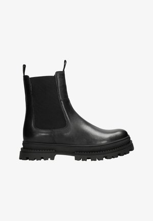 Stivali Chelsea neri in pelle con pannelli elasticizzati e tiranti, dotati di una suola in gomma robusta e battistrada testurizzato per maggiore aderenza.