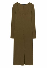 Robe côtelée olive verte à manches longues, avec un décolleté en forme de scoop, fermeture à boutons à l'avant et fente centrale au bas. Design simple.