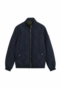 Marinegekleurd gewatteerd jack met hoge kraag, volledige ritssluiting aan de voorkant, elastische manchetten en twee zijzakken met drukknoopsluitingen. Glad, matte afwerking.